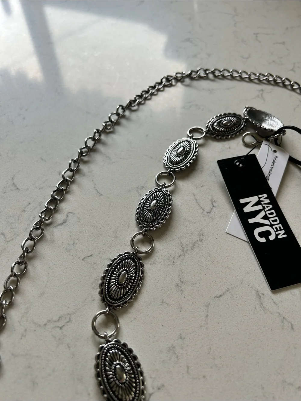 NWT Madden NYC Silver Concho Chain Belt with Engraved Embellished Medallions - Picture 2 of 10
